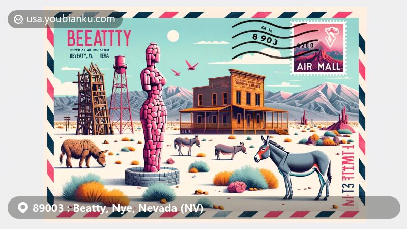 Modern illustration of Beatty, Nye, Nevada, highlighting ZIP code 89003 area with Rhyolite Ghost Town, Bottle House, Lady Desert sculpture, and wild burros, capturing town's mining history, art installations, and natural fauna.