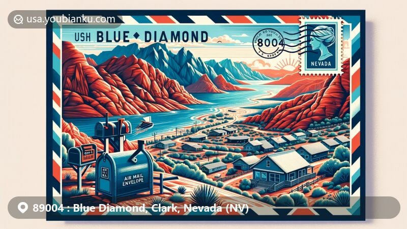 Modern illustration of Blue Diamond, Nevada, postal theme with ZIP code 89004, showcasing Red Rock Canyon and desert landscape.