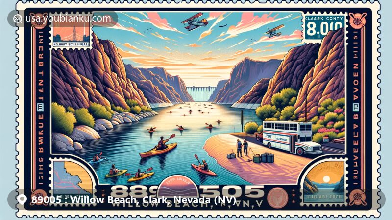 Modern illustration of Willow Beach, Clark County, Nevada, portraying postal theme with ZIP code 89005, showcasing iconic landmarks like the Hoover Dam and kayakers on the Colorado River.