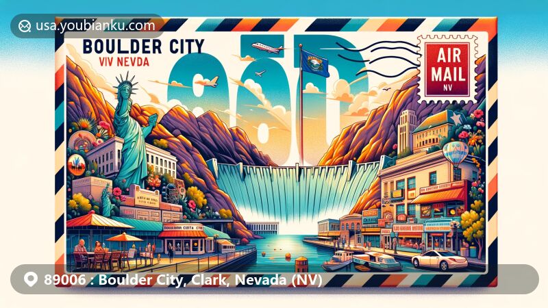 Modern illustration of Boulder City, Clark, Nevada, embracing ZIP code 89006, featuring iconic Hoover Dam, local culture elements, and Nevada desert landscape.