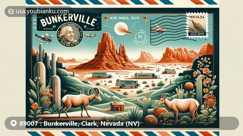 Modern illustration of Bunkerville, Clark County, Nevada, highlighting ZIP code 89007, featuring Gold Butte National Monument with red sandstone landscapes, ancient petroglyphs, and desert bighorn sheep.