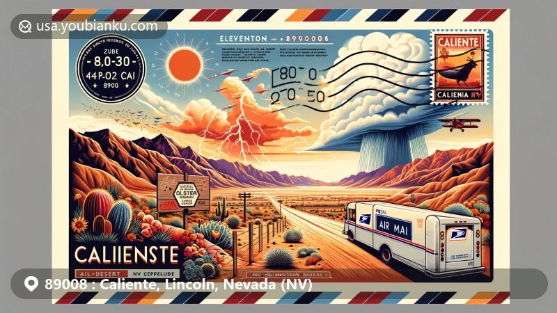 Modern illustration featuring ZIP code 89008 area of Caliente, Lincoln County, Nevada, showcasing high-desert climate with temperature variations, thunderstorms, and postal elements.