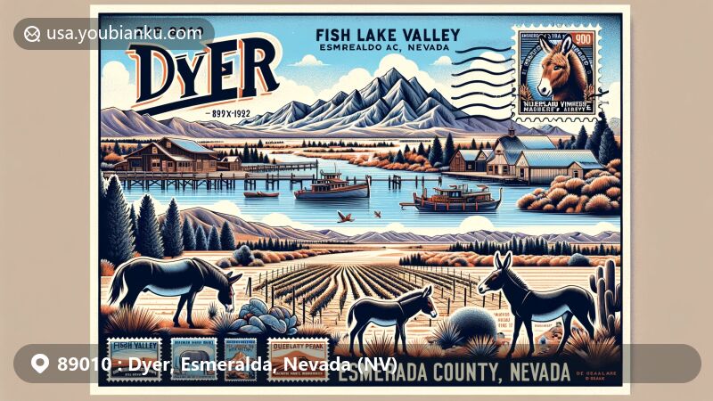 Modern illustration of Dyer, Esmeralda County, Nevada, highlighting Fish Lake Valley's landscapes, pioneer history, Nevada wildlife, and local vineyard, with vintage stamps, ZIP code 89010, and historic touches.