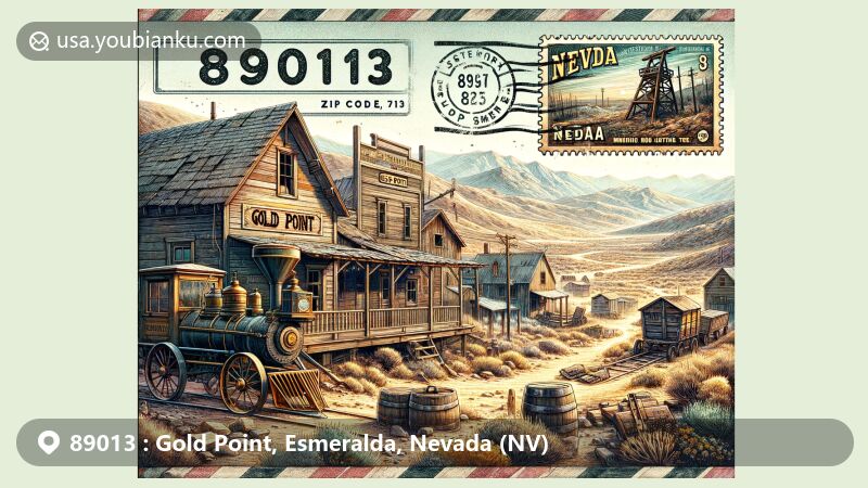 Modern illustration of Gold Point, Esmeralda County, Nevada, capturing the rich history of a gold and silver mining community with abandoned wooden buildings, a western saloon, and mining equipment, set against the rugged Nevada landscape and hinting at its ghost town status. Includes postal elements with vintage postcard design and ZIP code 89013.