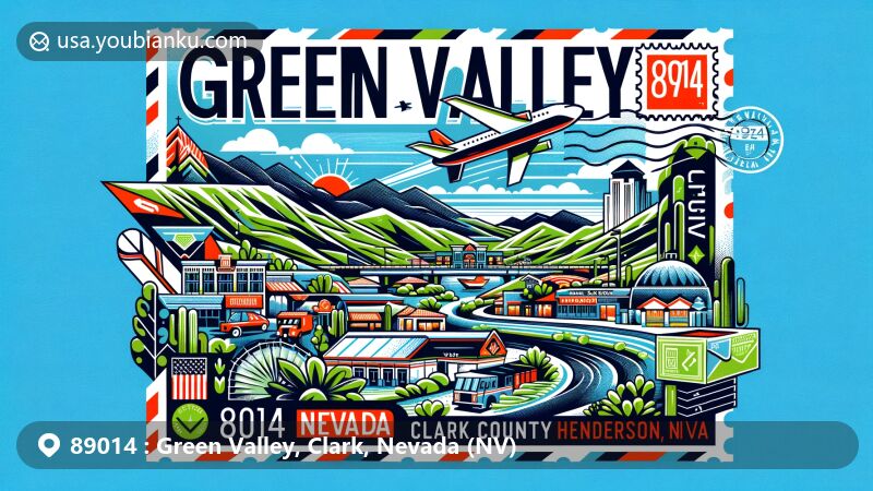 Innovative artistic rendition of Green Valley, Clark County, Nevada, highlighting ZIP code 89014 and the region's unique features, including Southern Nevada's first master-planned community, distinctive landscapes, and local shopping districts.