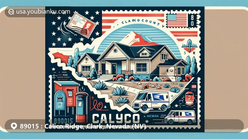 Modern illustration of Calico Ridge, Clark County, Nevada, featuring Clark County's outline, Nevada flag, single-family homes, and postal elements like a postage stamp, postmark with ZIP code 89015, mailbox, and postal van.