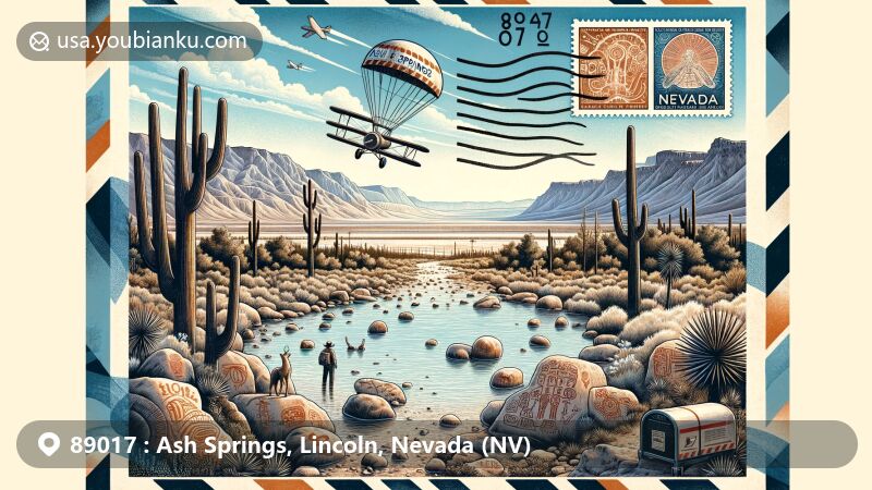 Modern illustration of Ash Springs, Lincoln County, Nevada, emphasizing natural hot springs, desert ash trees, and petroglyphs from the Ash Springs Rock Art Site. Includes views of Pahranagat Valley and native desert plants, with vintage postal elements showcasing ZIP Code 89017.