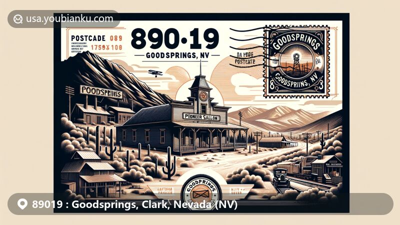 Modern illustration of Goodsprings, Nevada area with ZIP code 89019, featuring Goodsprings ghost town and Pioneer Saloon, airmail envelope with postal elements.