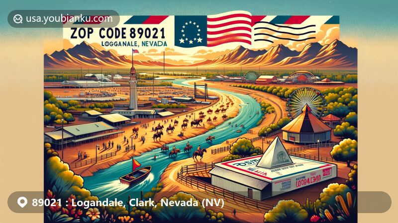 Modern illustration of Logandale, Nevada, with desert landscape, Muddy River, Clark County Fairgrounds, vintage airmail envelope displaying ZIP code 89021, and Nevada state flag.