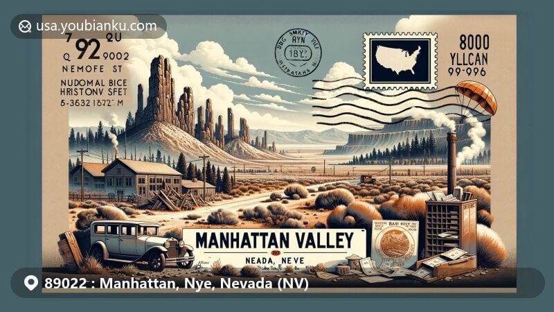 Modern illustration of Manhattan, Nye County, Nevada, highlighting Big Smoky Valley's desert landscapes with geological features like rhyolite and basalt, remnants of ancient lakes, and ghost town elements. Vintage postcard with ZIP code 89022, Nevada state flag, and local vegetation.