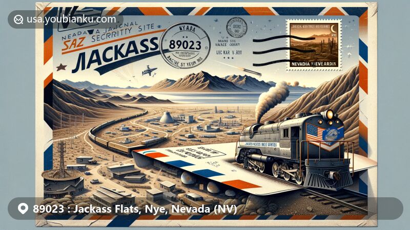 Modern illustration of Jackass Flats, Nye County, Nevada, featuring creative postal theme with ZIP code 89023, showcasing Nevada state flag stamp and Jackass & Western Railroad, highlighting Nevada National Security Site and surrounding mountains.
