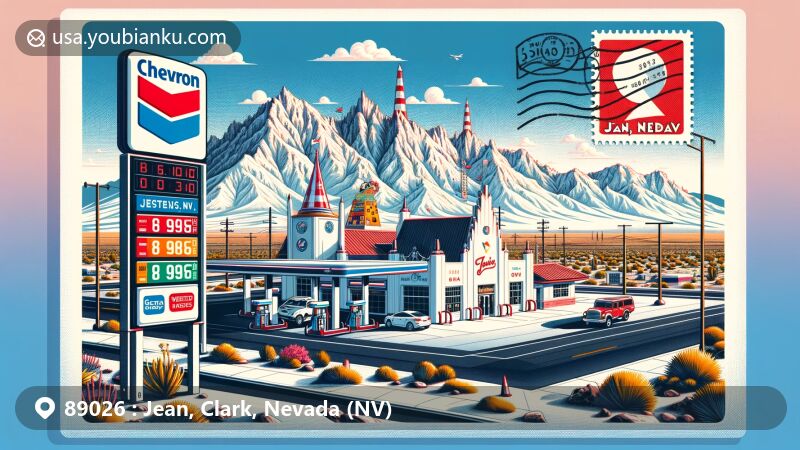 Modern illustration of Jean, Nevada, showcasing Terrible's Road House (the world's largest Chevron gas station) and the colorful Seven Magic Mountains art installation in the backdrop, set against the barren yet beautiful desert landscape of Nevada. Designed as a postcard with stamps and postmarks indicating 'Jean, NV 89026' and today's date, highlighting the unique charm of the region and conveying the postal theme originating from Jean.