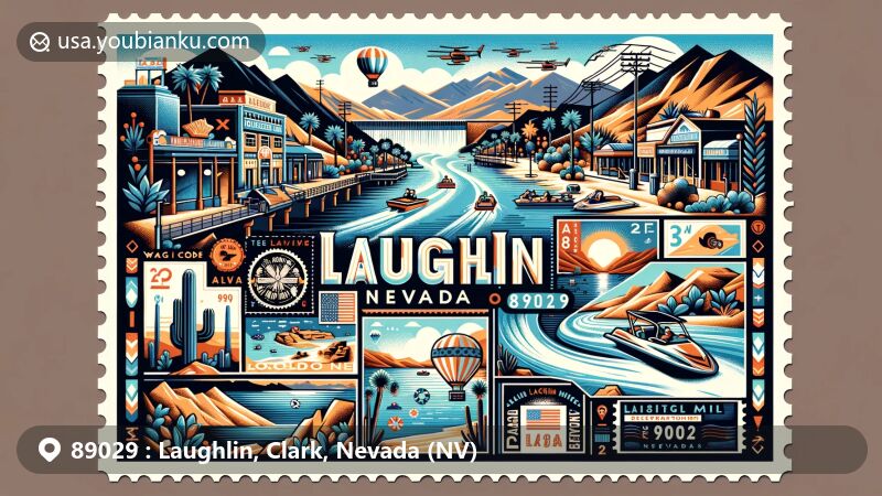 Modern illustration of Laughlin, Nevada, highlighting the region's key attractions and postal elements, featuring the Colorado River, Big Bend of the Colorado State Recreation Area, and Lake Mohave.