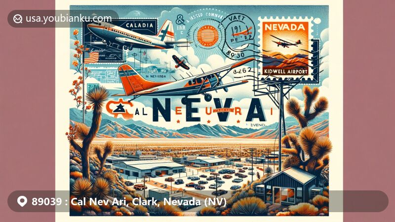 Modern illustration of Cal Nev Ari, Clark County, Nevada, featuring unique geographical location at the crossroads of California, Nevada, and Arizona, with Kidwell Airport, desert flora, and Nevada state flag.