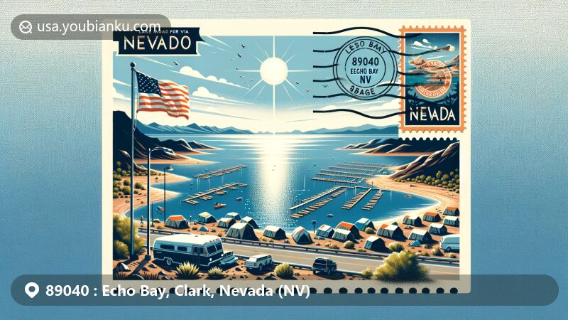 Modern illustration of Echo Bay, Clark County, Nevada, highlighting scenic beauty of Lake Mead National Recreation Area with campground, Nevada state flag, and postal theme with ZIP code 89040.