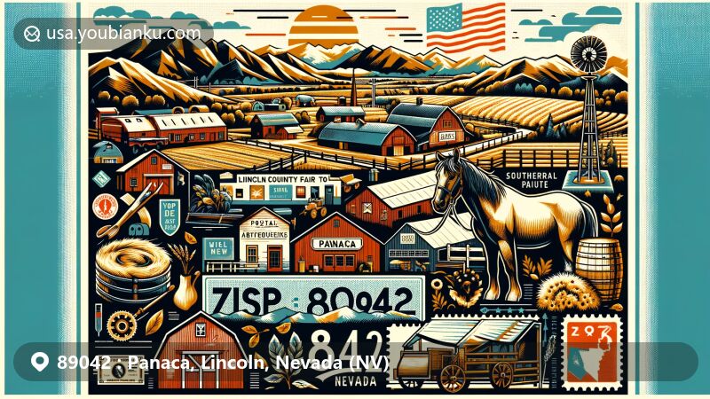 Modern illustration of Panaca, Lincoln County, Nevada, featuring agricultural heritage, Mormon pioneer history, and Cathedral Gorge State Park, with symbols of Lincoln County Fair, Rodeo, and Southern Paiute origins.