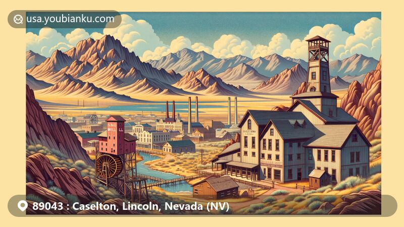 Modern illustration of Caselton and Pioche in Lincoln County, Nevada, reminiscent of a vintage postcard design, featuring the Caselton mill, historic town of Pioche, and Nevada's rugged landscapes and natural attractions.