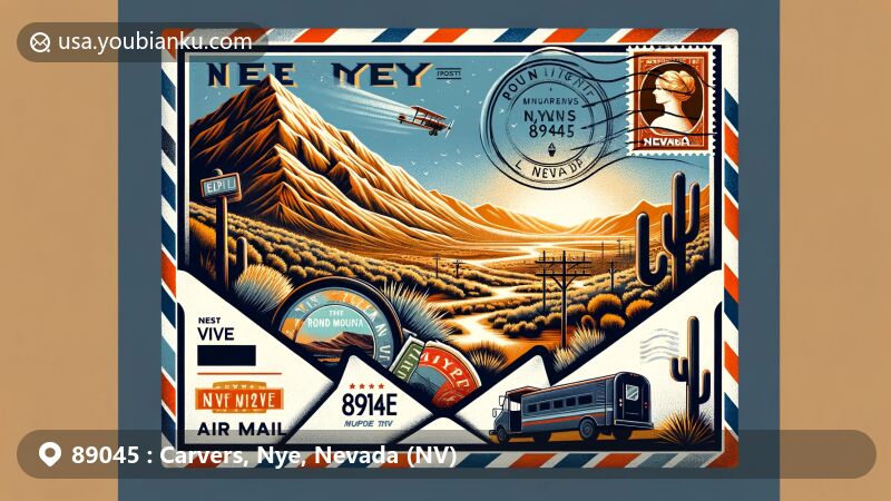 Modern illustration of Carvers, Nye County, Nevada, with desert landscape and Round Mountain Gold Mine, featuring vintage air mail envelope with postal elements and ZIP code 89045.