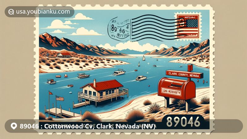 Modern illustration of Cottonwood Cove, Clark County, Nevada, highlighting ZIP code 89046 and featuring Lake Mohave, sandy beaches, houseboat, watercraft, and vintage postcard design.