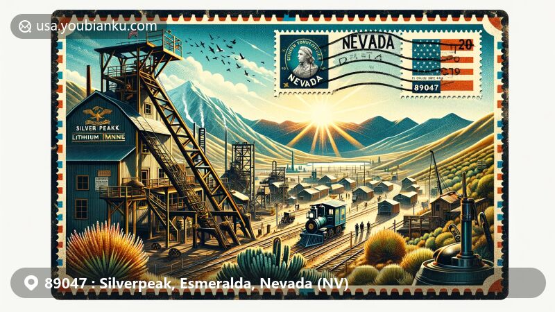 Vintage-style illustration of Silverpeak, Esmeralda County, Nevada, featuring Silver Peak lithium mine, 19th-century mining camp silhouette, Nevada state flag, and desert scenery.