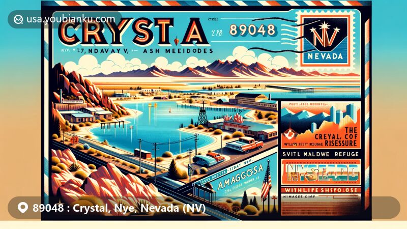 Modern illustration of Crystal, Nye County, Nevada, showcasing postal theme with ZIP code 89048, featuring mining heritage, Mojave Desert, Amargosa Valley, Crystal Reservoir at Ash Meadows, and Nevada state flag.