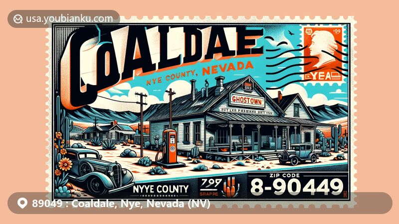Modern illustration of Coaldale, Nye County, Nevada, capturing ghost town theme with vintage postal elements and desert landscape, highlighting ZIP Code 89049.