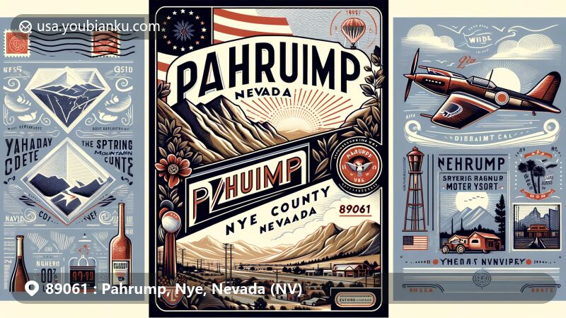 Modern illustration of Pahrump, Nye County, Nevada, reflecting unique postal theme with ZIP code 89061, featuring mountain scenery, Nevada state flag, Nye County outline, stamp, postmark, Spring Mountain Motor Sports Ranch, and local wineries.