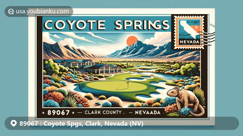 Modern illustration of Coyote Springs, Clark County, Nevada, highlighting ZIP code 89067 and the Coyote Springs Golf Club against the backdrop of Delamar and Meadow Valley Mountains, showcasing Nevada state symbols.