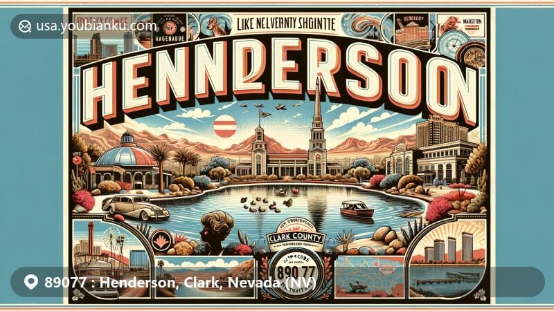 Modern illustration of Henderson, Nevada, featuring ZIP code 89077, showcasing Lake Las Vegas and Clark County Heritage Museum as iconic landmarks, with desert landscape and postal elements.