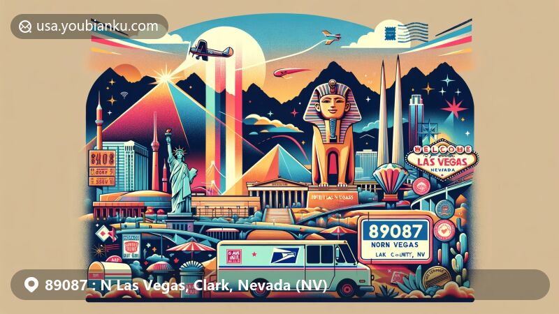 Modern illustration of North Las Vegas, Clark County, Nevada, featuring iconic landmarks like Seven Magic Mountains, Luxor Sphinx, and Old Las Vegas Mormon Fort, merging postal elements with regional traits.
