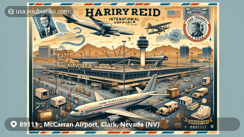 Modern illustration of Harry Reid International Airport, showcasing its aviation history and transformation, featuring iconic Las Vegas landmarks and integration of aviation museum elements, with a postal theme including airmail envelope, vintage airplane, and postage stamp.