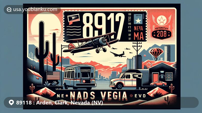 Modern illustration of Arden area, Clark County, Nevada, showcasing postal theme with ZIP code 89118, featuring Las Vegas skyline, Nevada state flag, vintage air mail envelope, postage stamp, and postal truck.