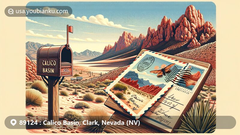 Modern illustration of Calico Basin, Nevada, combining natural beauty with postal elements, featuring vintage postcard with ZIP code 89124 and postmark, showcasing red rock formations and Kraft Mountain.