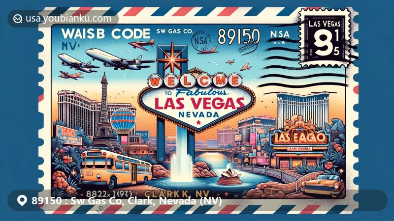 Vintage air mail envelope illustration for ZIP code 89150, Sw Gas Co, Clark, Nevada, featuring Las Vegas theme with iconic landmarks like the 'Welcome to Fabulous Las Vegas' sign and Bellagio Fountain.