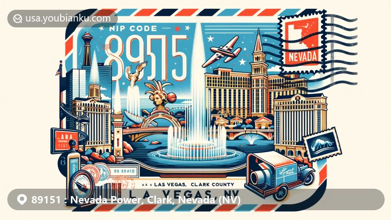 Vibrant wide-format illustration of Las Vegas, Clark County, Nevada, showcasing Fountains of Bellagio, state flag, and vintage postal elements with ZIP code 89151.