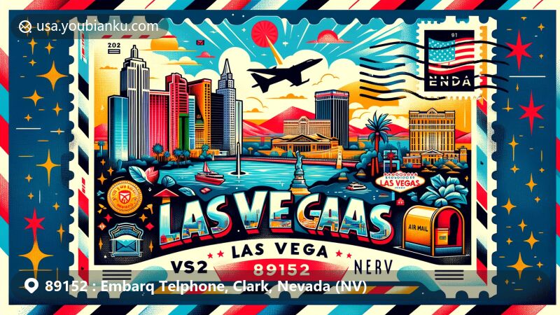 Modern illustration of Las Vegas area for ZIP code 89152, featuring iconic Las Vegas Strip skyline, Nevada state flag, Clark County silhouette, postage stamp, postmark 'Las Vegas 89152,' and classic mailbox in a postcard or air mail envelope style.
