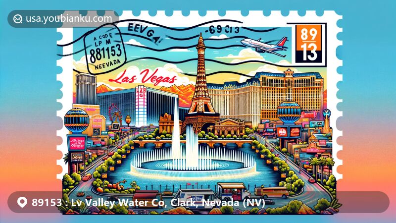 Modern illustration of Las Vegas, Clark County, Nevada, with postal theme and iconic landmarks like the Las Vegas Strip, Eiffel Tower replica, Bellagio Fountains, and Hoover Dam.