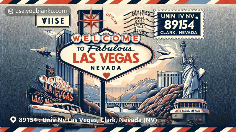 Modern illustration of ZIP Code 89154, featuring University of Nevada, Las Vegas, Welcome to Fabulous Las Vegas sign, Hoover Dam, and Las Vegas Strip, with vintage airmail envelope background, iconic postage stamp, '89154' ink stamp, and 'Univ Nv Las Vegas, Clark, Nevada' postmark.