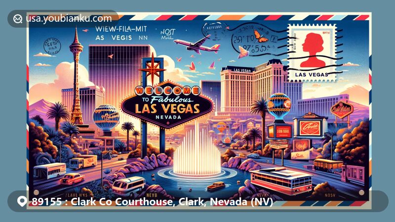 Vibrant illustration highlighting Las Vegas, Nevada, ZIP code 89155, featuring famous landmarks like the 'Welcome to Fabulous Las Vegas' sign, Bellagio Fountains, STRAT Tower, and Neon Museum, blended with postal elements into a modern postcard design.