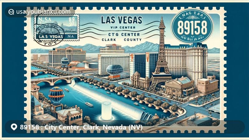 Modern illustration of City Center, Las Vegas, Clark County, Nevada, with ZIP code 89158, showcasing iconic landmarks like the Eiffel Tower replica and Bellagio Hotel fountains on the Las Vegas Strip.