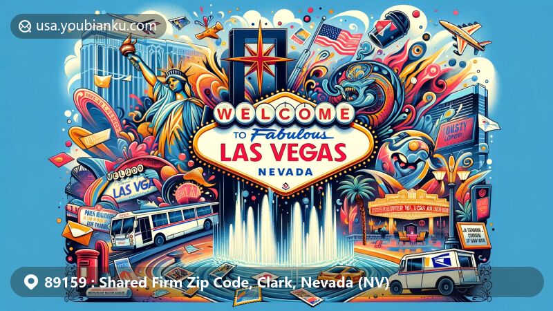 Modern illustration of Las Vegas ZIP code 89159, featuring iconic landmarks like the 'Welcome to Fabulous Las Vegas' sign, Fountains of Bellagio, and Mirage volcano, creatively integrating postal elements like stamps, truck, and mailbox.