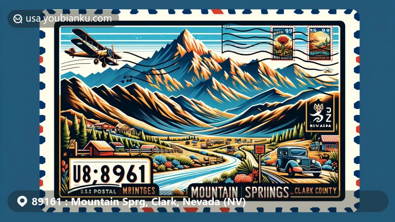 Modern illustration of Mountain Springs, Clark County, Nevada, showcasing postal theme with ZIP code 89161, featuring Spring Mountains National Recreation Area and outdoor activities.