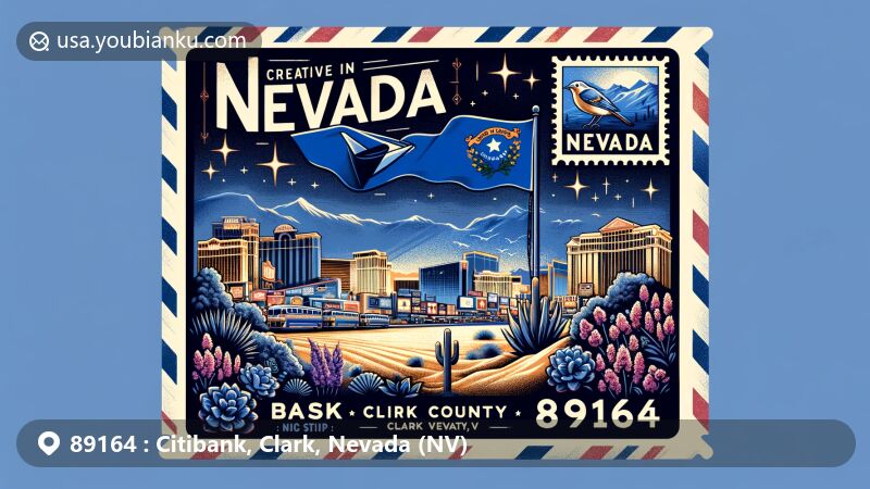 Modern wide-format illustration of Citibank, Clark County, Nevada, showcasing vibrant nightlife and iconic Las Vegas casinos, with the city skyline and Nevada state flag. Includes sagebrush, desert landscape, Mountain Bluebird, airmail envelope border, Bristlecone Pine stamp, and ZIP code 89164.