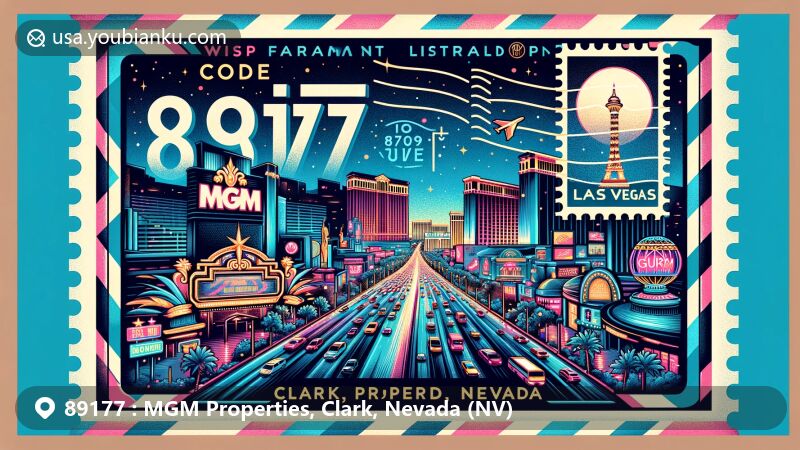 Vibrant illustration of the Las Vegas Strip, highlighting MGM Grand Las Vegas, embodying the city's entertainment and nightlife, featuring key landmarks amidst a bustling atmosphere.