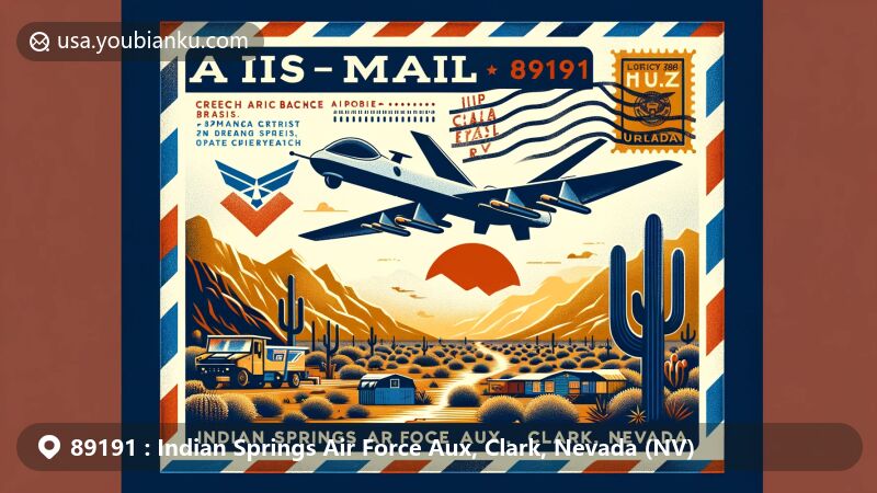 Creative illustration of Indian Springs Air Force Aux, ZIP code 89191, Clark County, Nevada, featuring vintage air mail envelope with '89191' and 'NV', showcasing Creech Air Force Base drone, desert landscape, cacti, and Paiute culture.