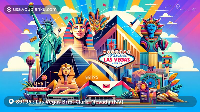 Modern illustration of Las Vegas, Clark County, Nevada, featuring iconic landmarks like the 'Welcome to Fabulous Las Vegas' sign, Luxor Sphinx, Seven Magic Mountains, and Neon Museum, blending with postal elements around ZIP code 89195.
