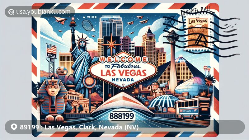 Modern illustration of Las Vegas, Nevada, showcasing postal theme with ZIP code 89199, featuring iconic landmarks like the 'Welcome to Fabulous Las Vegas' sign, Sphinx at Luxor Pyramid, Volcano at The Mirage, LINQ High Roller, and Stratosphere Tower.