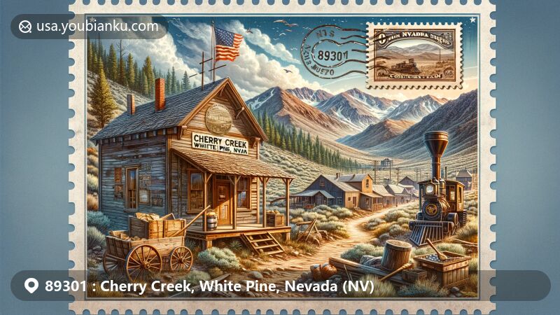 Modern illustration of Cherry Creek, White Pine, Nevada, depicting rich mining history with old assay office, mining relics, Cherry Creek Range, and postal elements like vintage post office and postal stamp with ZIP code 89301.