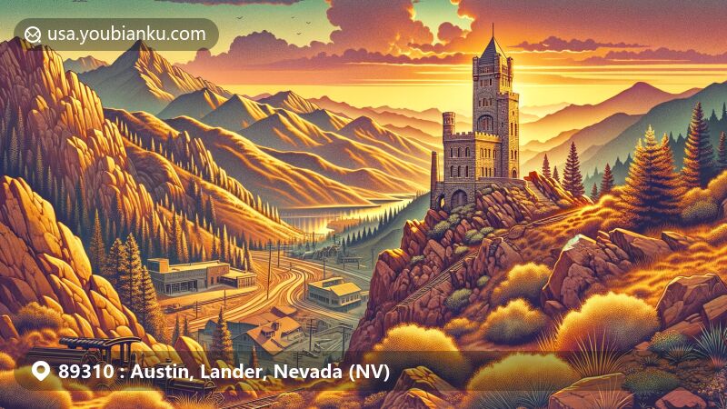 Modern illustration of Austin, Nevada, capturing its silver mining heritage and natural beauty, featuring Stokes Castle, Toiyabe Mountain Range, mining history, and Spencer Hot Springs.