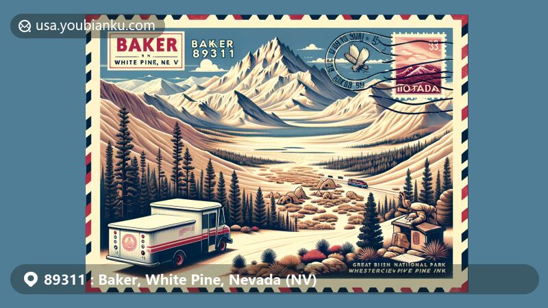 Modern illustration of Baker, White Pine County, Nevada, showcasing Great Basin National Park with Wheeler Peak, bristlecone pines, and Lehman Caves, featuring a vintage postal envelope and postal elements related to ZIP code 89311.
